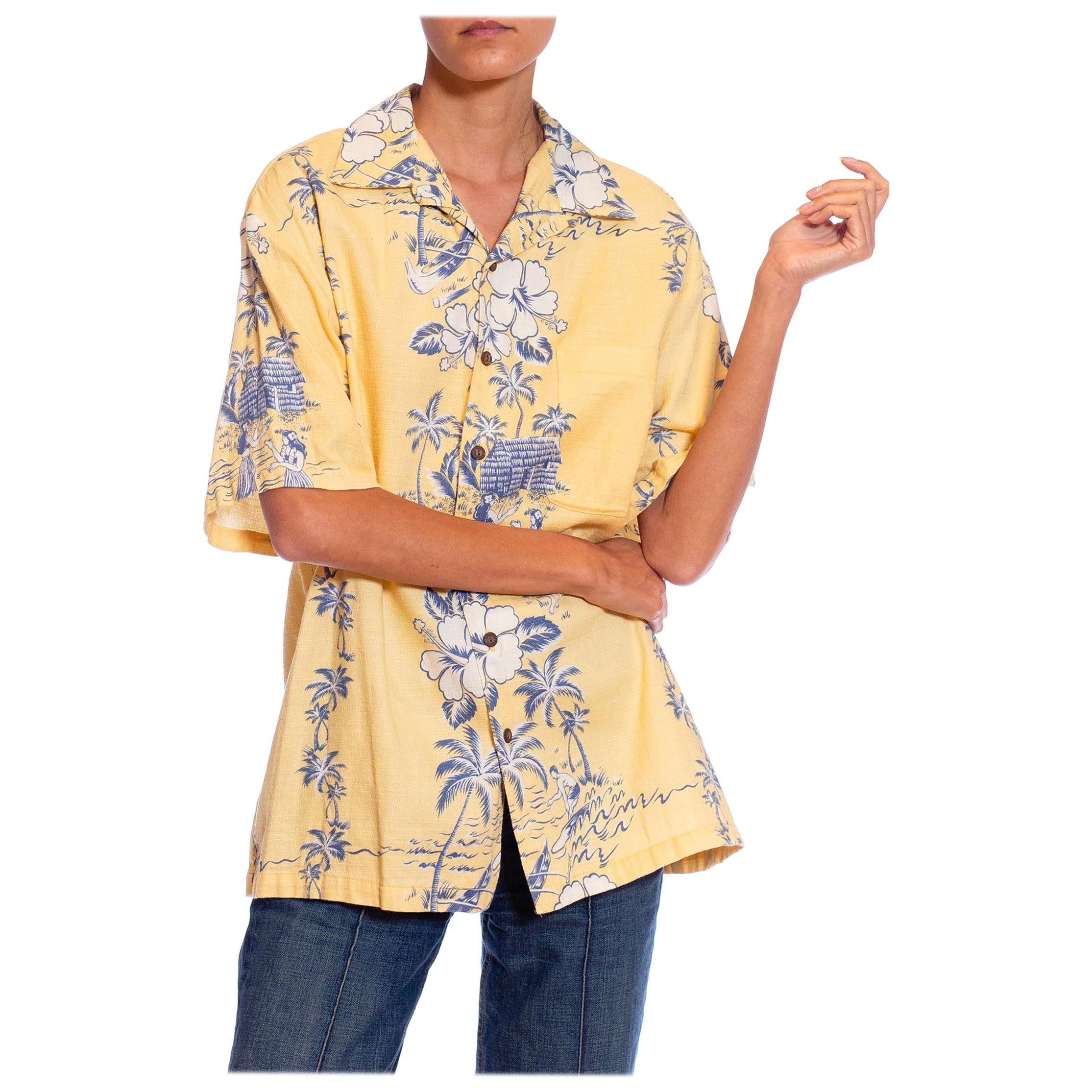 1980S Butter Yellow Cotton Barkcloth Mens Aloha Shirt Made In Hawaii For Sale