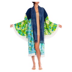 MORPHEW COLLECTION Blue & Green African Indigo Vintage 70S Floral Duster Beach