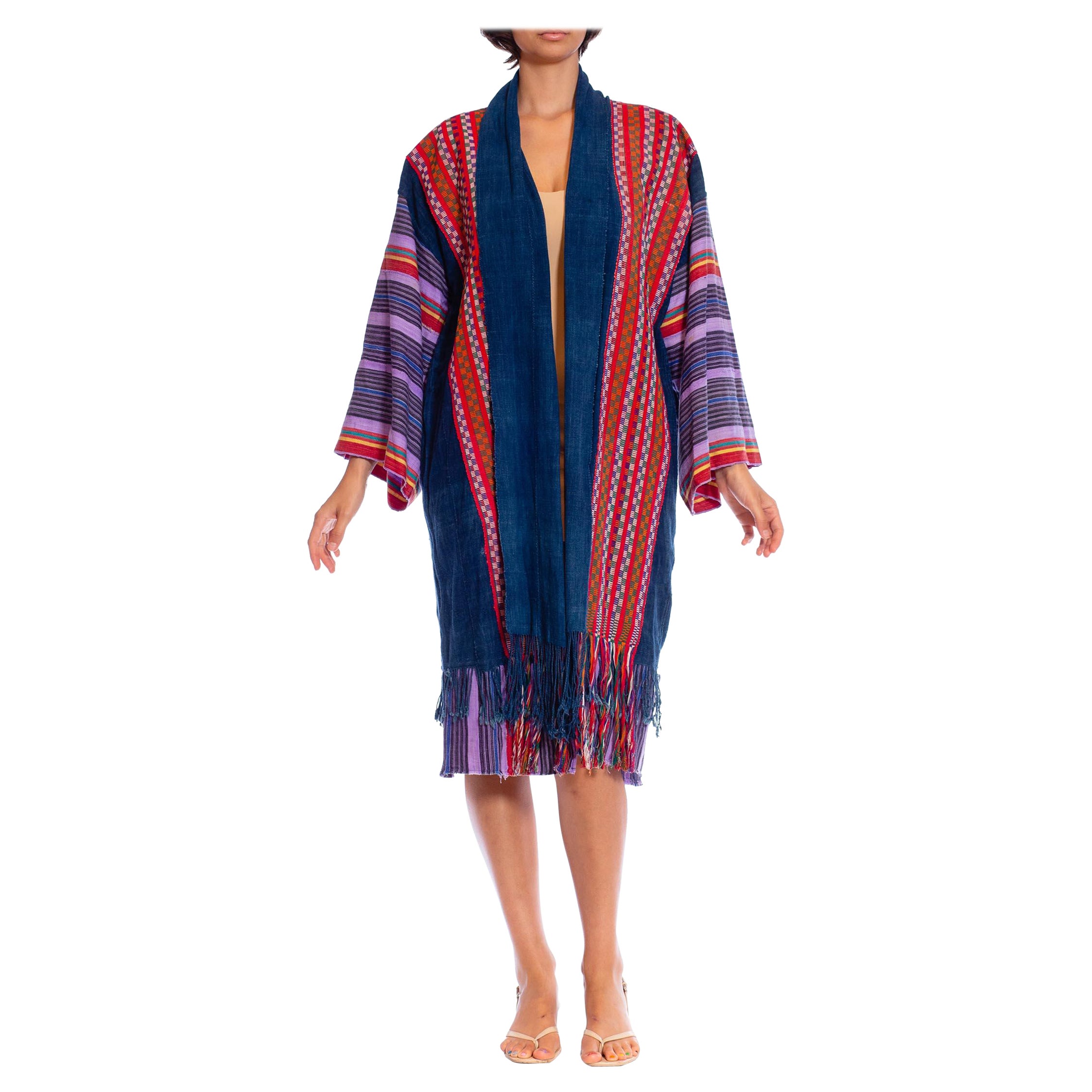 MORPHEW COLLECTION African Indigo Cotton Duster Beach Coat With Handwoven Guate For Sale