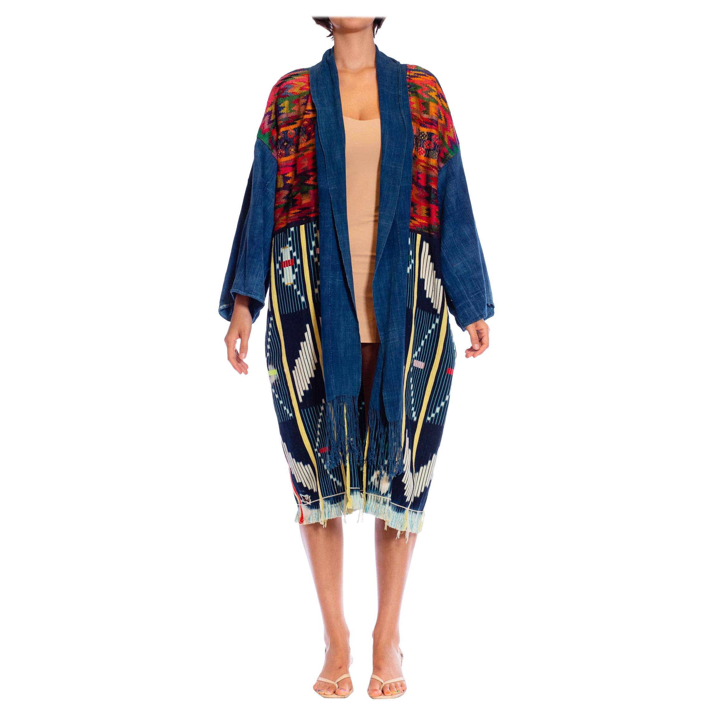 MORPHEW COLLECTION African Indigo & Antique Peruvian Embroidered Unisex Duster  For Sale