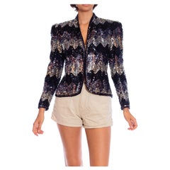 1970S Black & Silver Zig-Zag Sequin Cropped Evening Jacket
