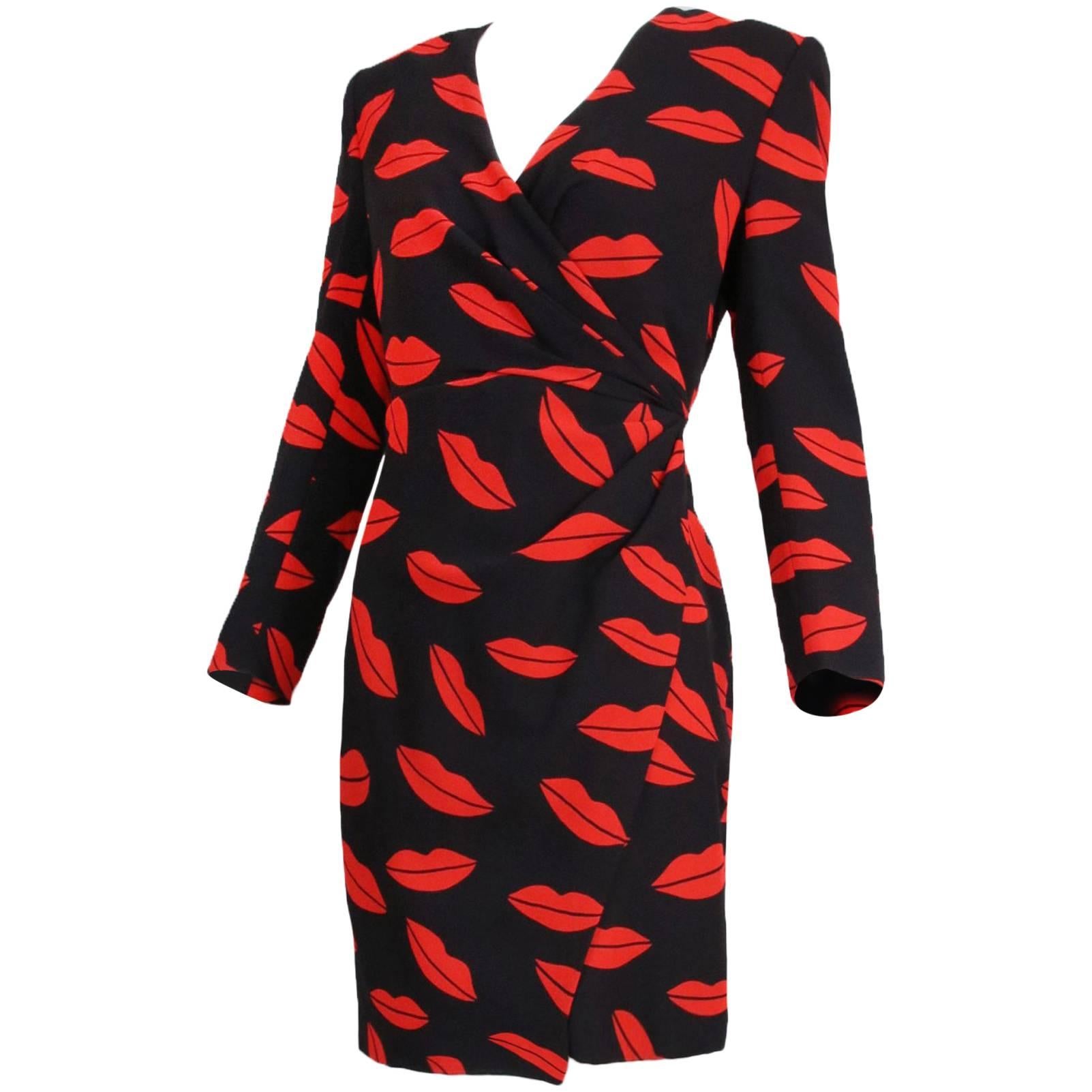 2013 Saint Laurent by Hedi Slimane Silk Black & Red Lips Print Wrap Dress NWT