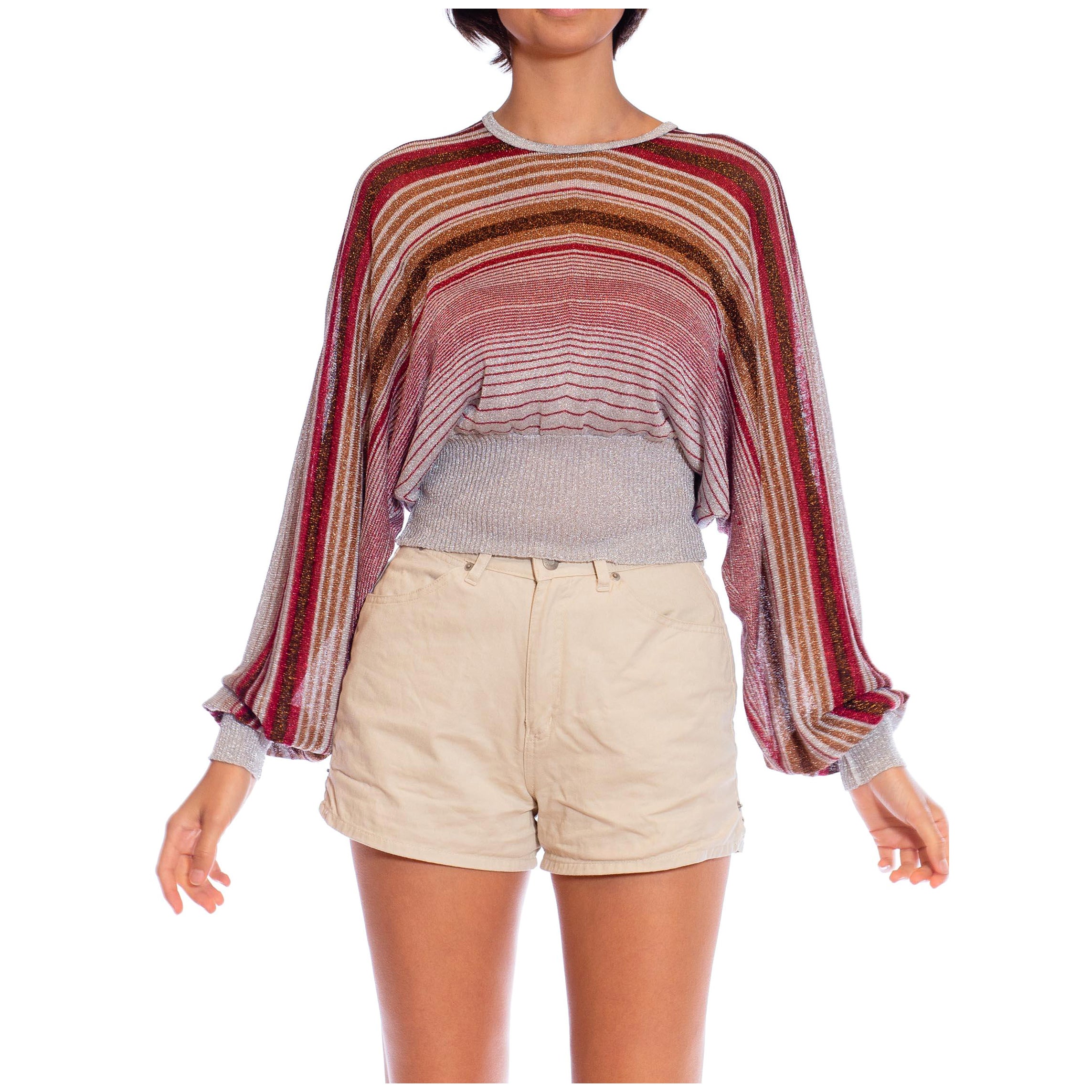 1970S Brown & Pink Silver Lamé Poly/Lurex Knit Dolman Sleeved Top For Sale