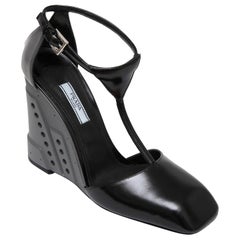 PRADA Wedge Sandal T-Strap Pump Shoe Black Grey Resin Silver Buckle 39.5 NEW