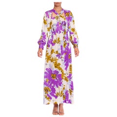 1970S VERA Lila Floral Nylon Tricot Jersey Slip Kleid & Jacke