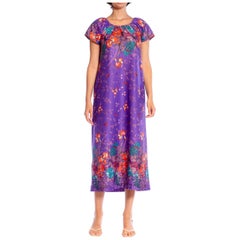 Retro 1970S Purple Floral Polyester Jersey Mumu House Dress