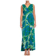 Retro 1960S Blue & Green Cotton Hawaiian Tiki Floral Print Dress