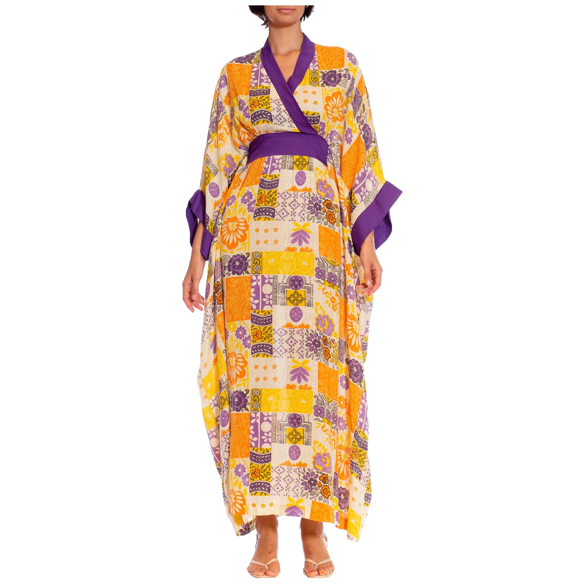 1970S Purple & Orange Polyester Patchwork Tile Print Kaftan Dress For Sale