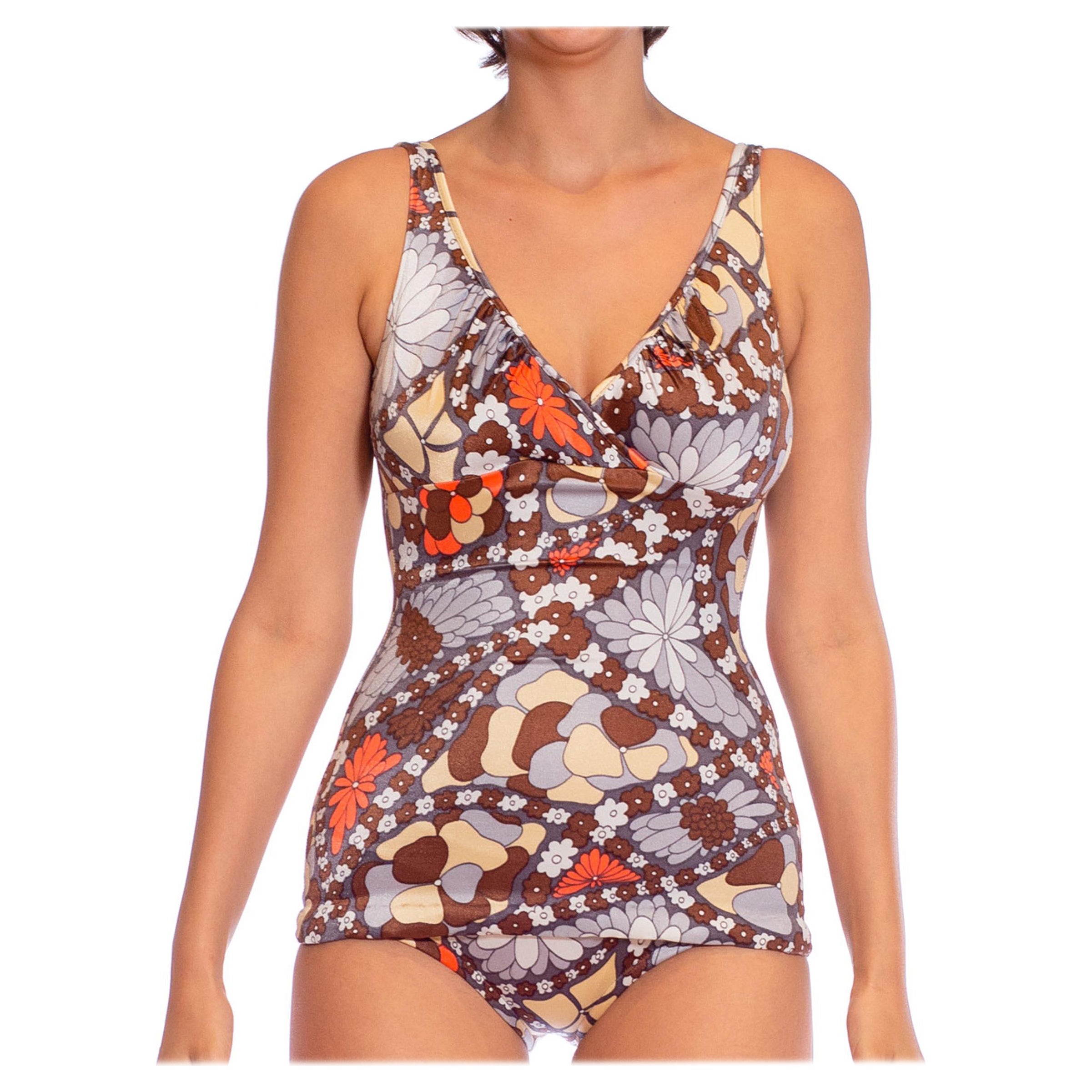 1970S Brown & White Psychedelic Poly Blend Stretch One-Piece Swimsuit For Sale