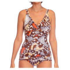 1970S Brown & White Psychedelic Poly Blend Stretch One-Piece Swimsuit