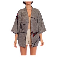 1950S Black & White Japanese Shibori Silk Short Kimono