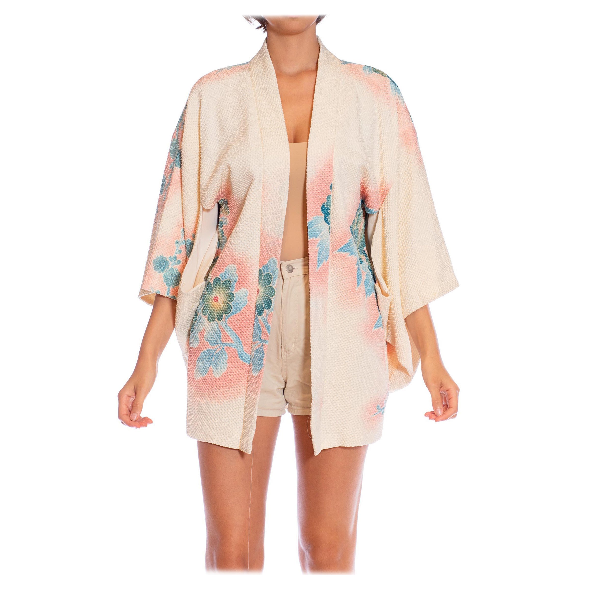 1960S Pink & Blue  Japanese Shibori Silk Short Kimono For Sale