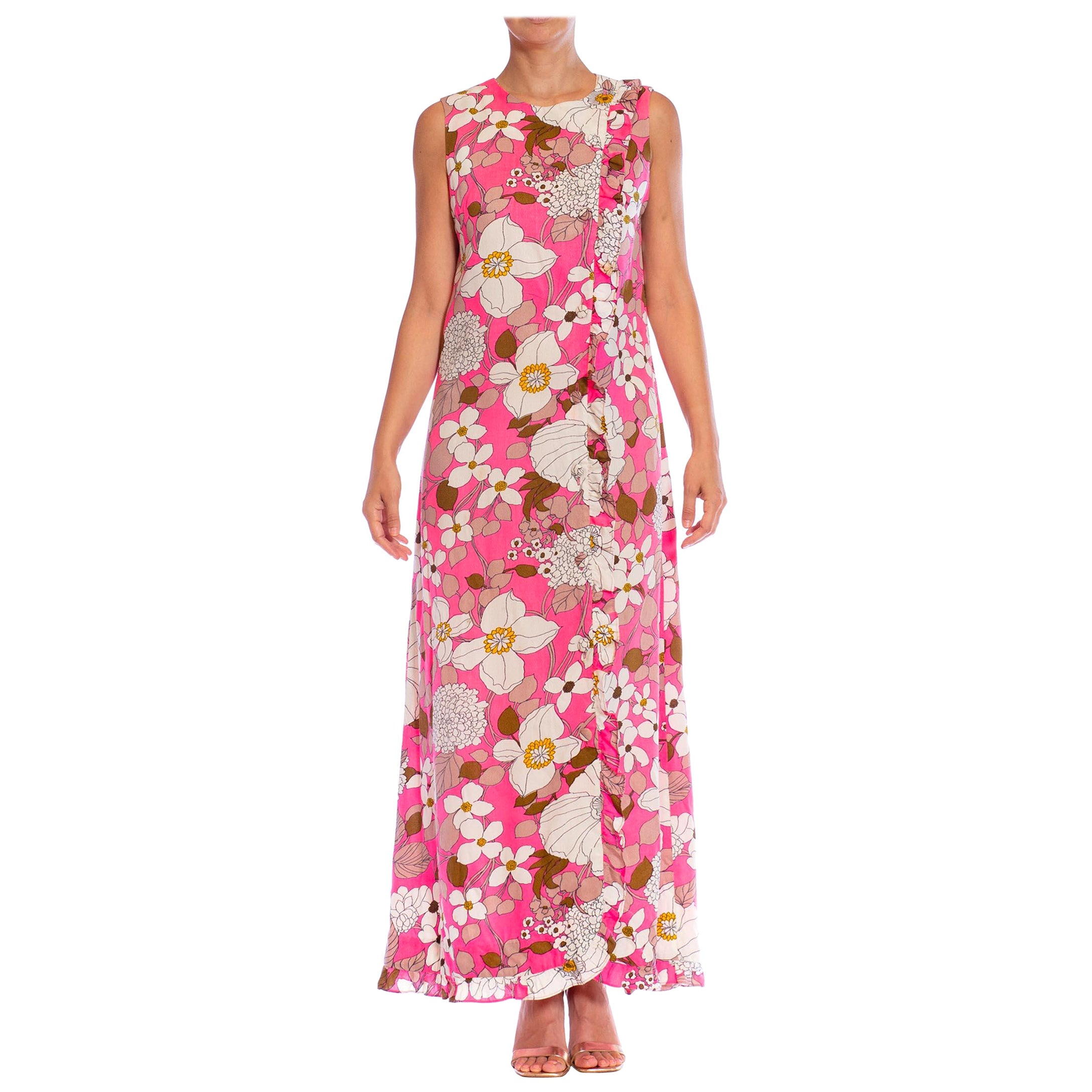 1960S Hot Pink Cotton Barkcloth Made In Hawaii Hawaiian Dress For Sale