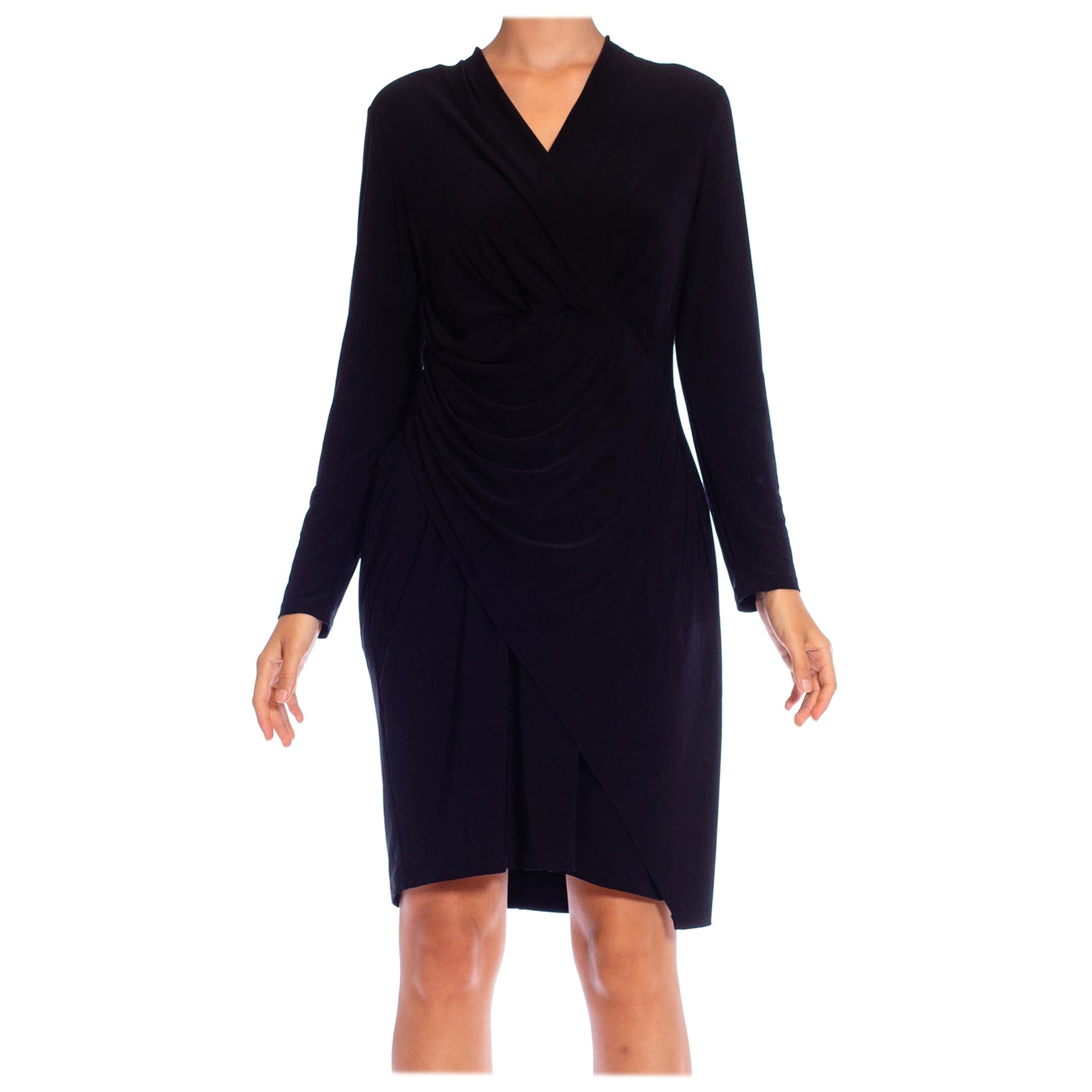 1990S DONNA KARAN Black Poly/Lycra Jersey Slinky Long Sleeve Cocktail Dress XL For Sale