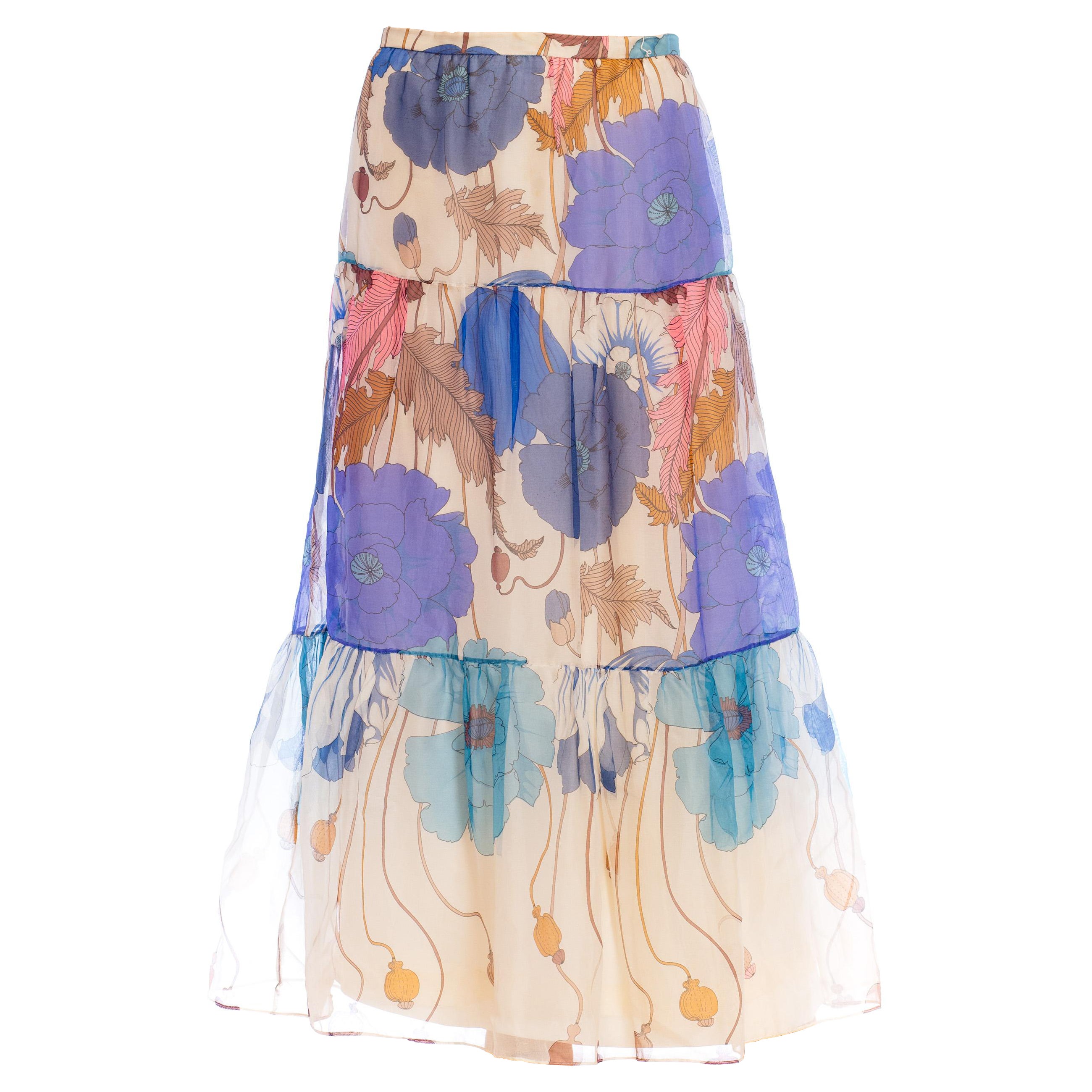 1970S Blue & Green Floral Silk Organza Boho Maxi Skirt For Sale