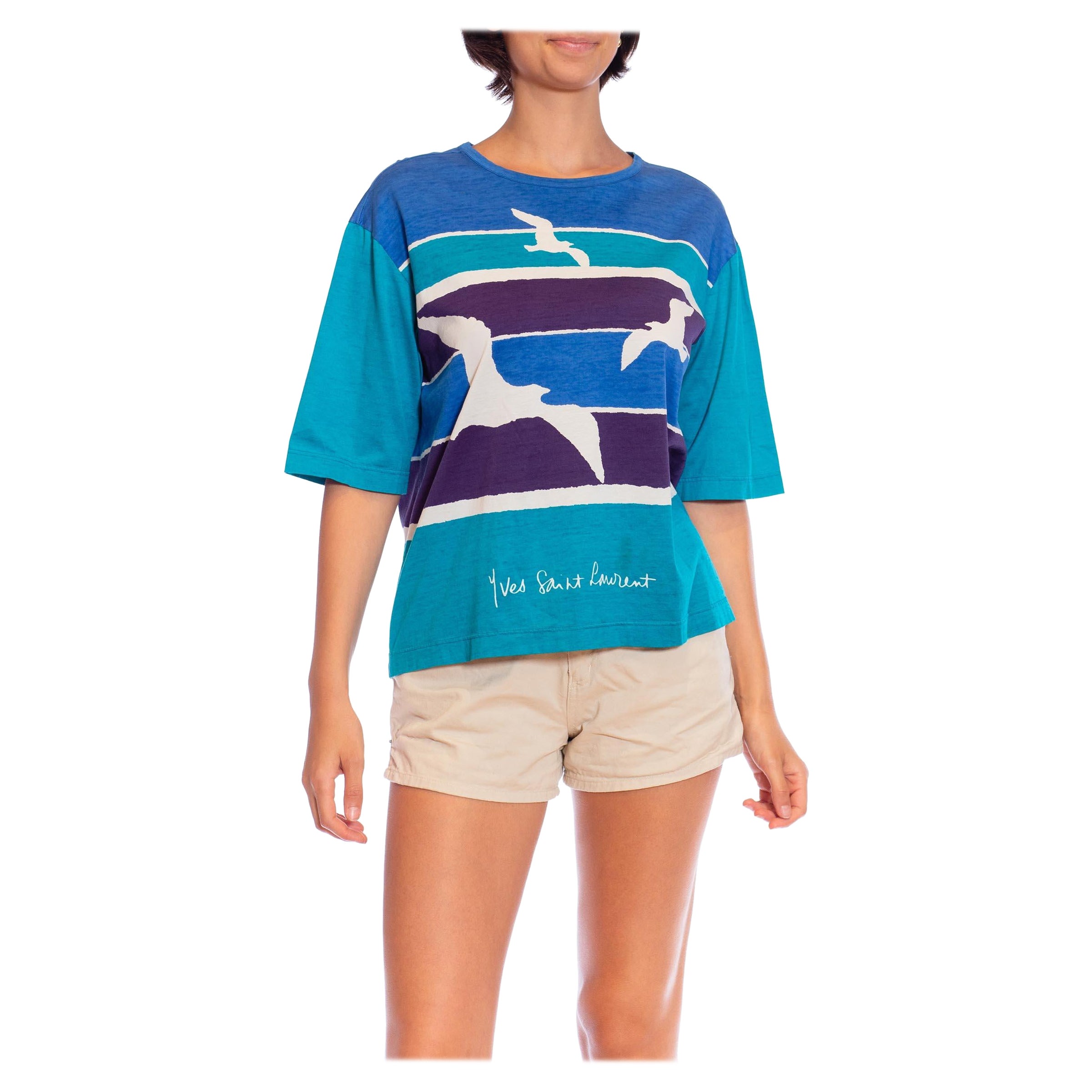 1970S YVES SAINT LAURENT Blue & Teal Cotton Jersey Rare Seashore Print T-Shirt For Sale