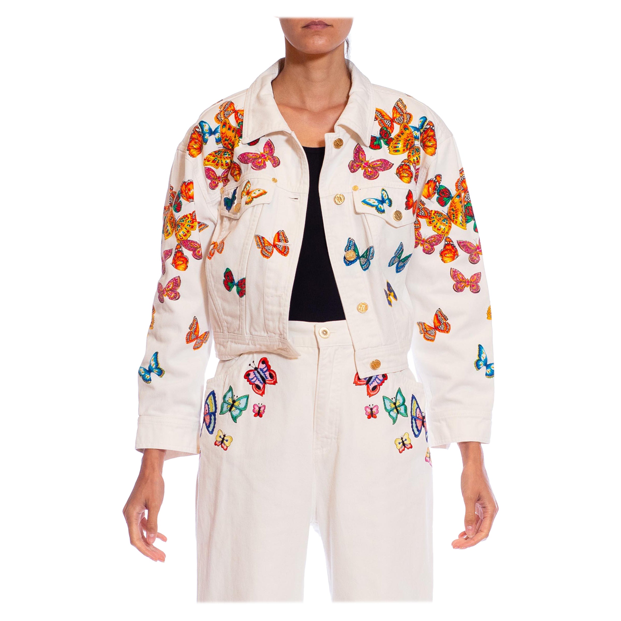 1990S ESCADA White Cotton Denim Butterfly Embroidered Jacket & Jean Ensemble