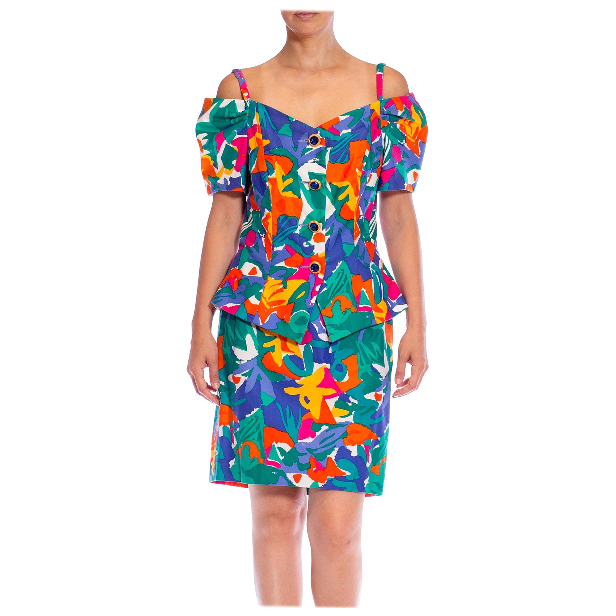 1990S Multicolor Tropical Cotton Off The Shoulder Top & Skirt Ensemble For Sale
