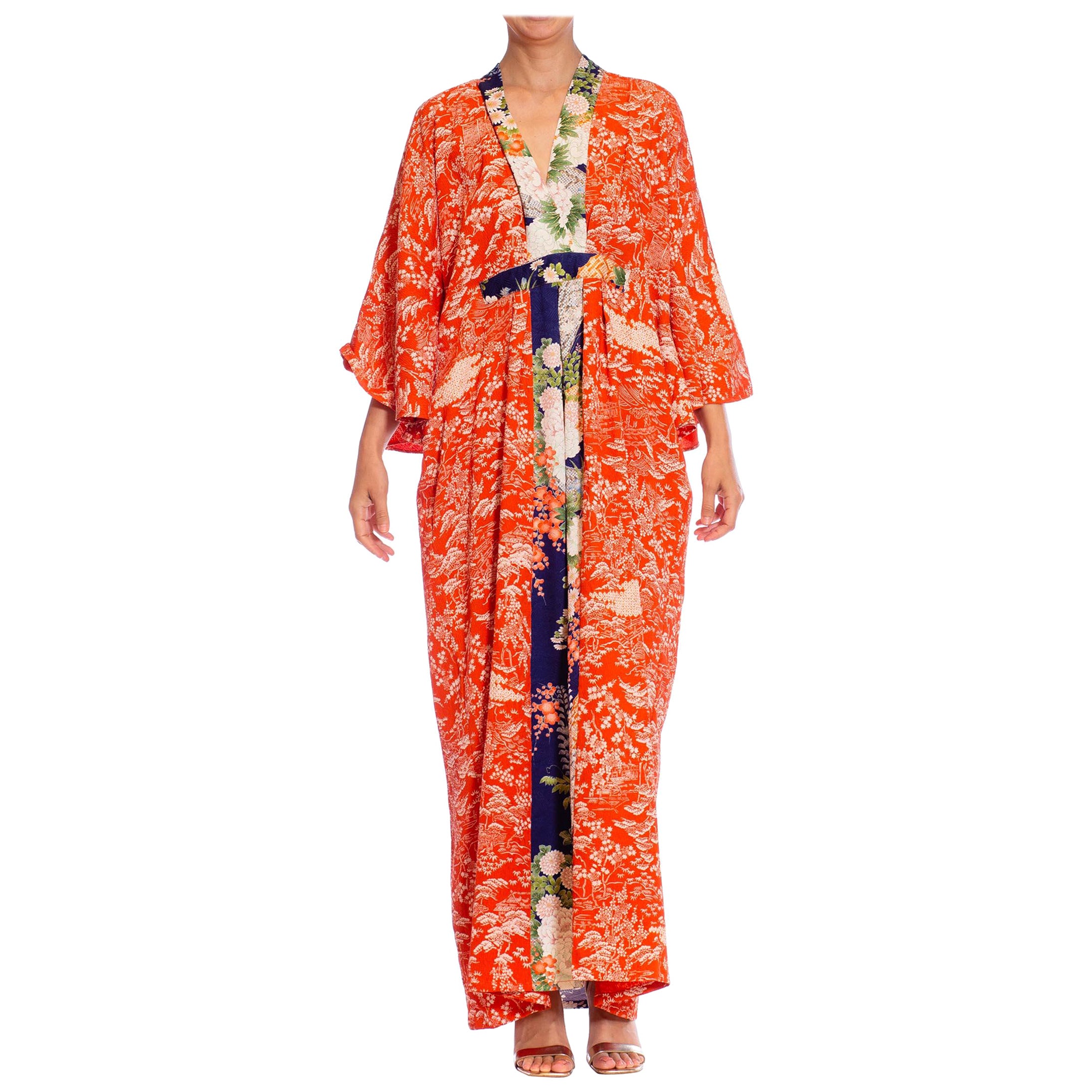 MORPHEW COLLECTION Golden Orange & Blue Japanese Kimono Silk Kaftan For Sale