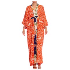 MORPHEW COLLECTION Golden Orange & Blue Japanese Kimono Silk Kaftan