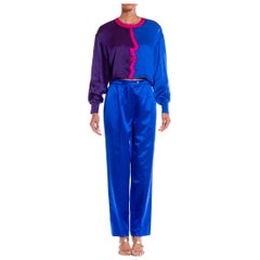 1990S ESCADA Electric Blue  & Pink Silk Satin Crop Top Pants Ensemble