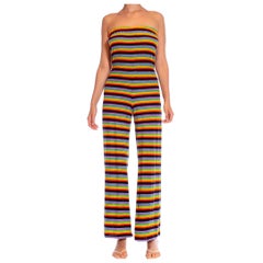Vintage 1970S Rainbow Striped Cotton Blend Terry Cloth Strapless Jumpsuit