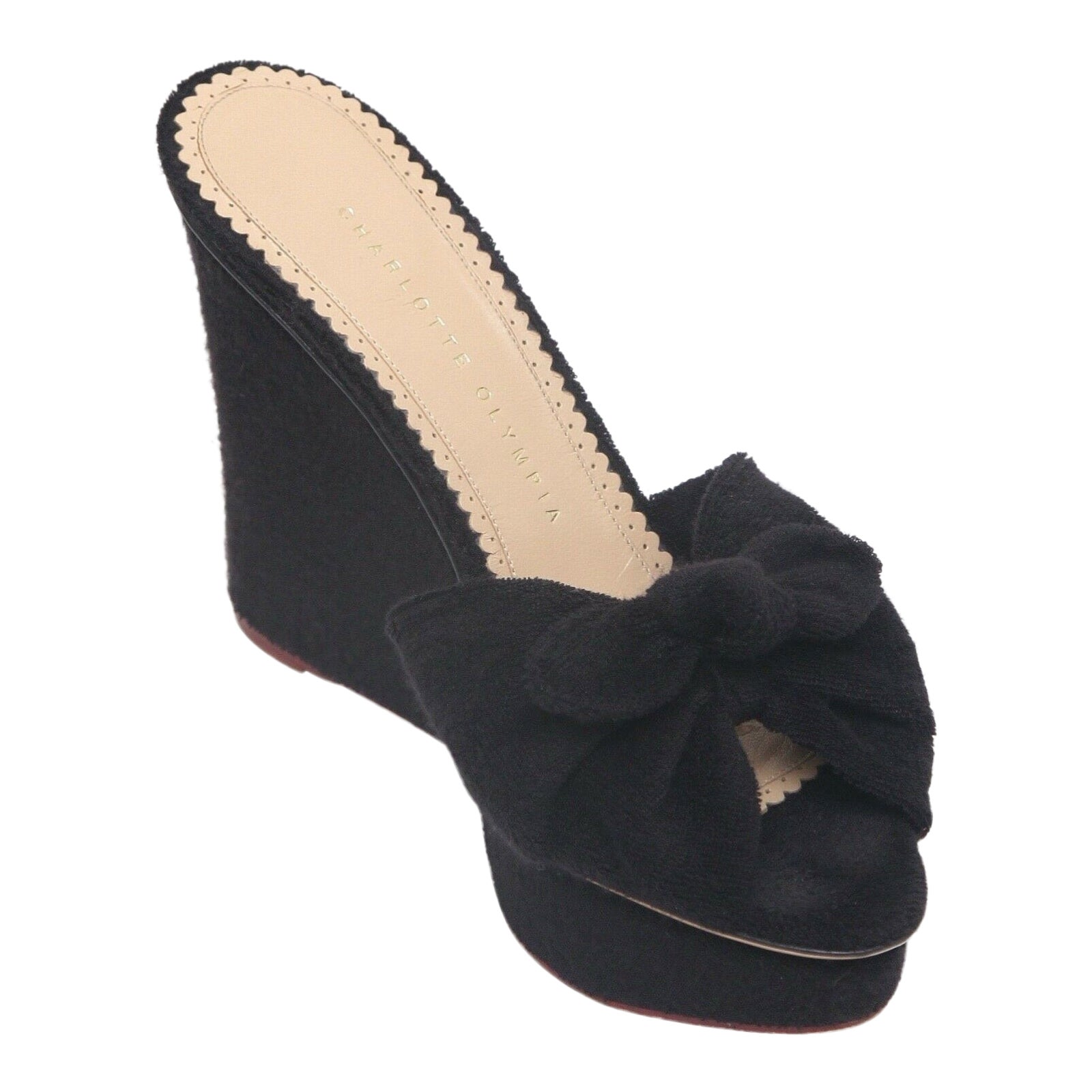 CHARLOTTE OLYMPIA Black Terry Cloth Wedge Platform Slide Sandal Bow Sz 38.5