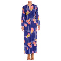 1970S Blue & Pink Floral Print Polyester Jersey Duster