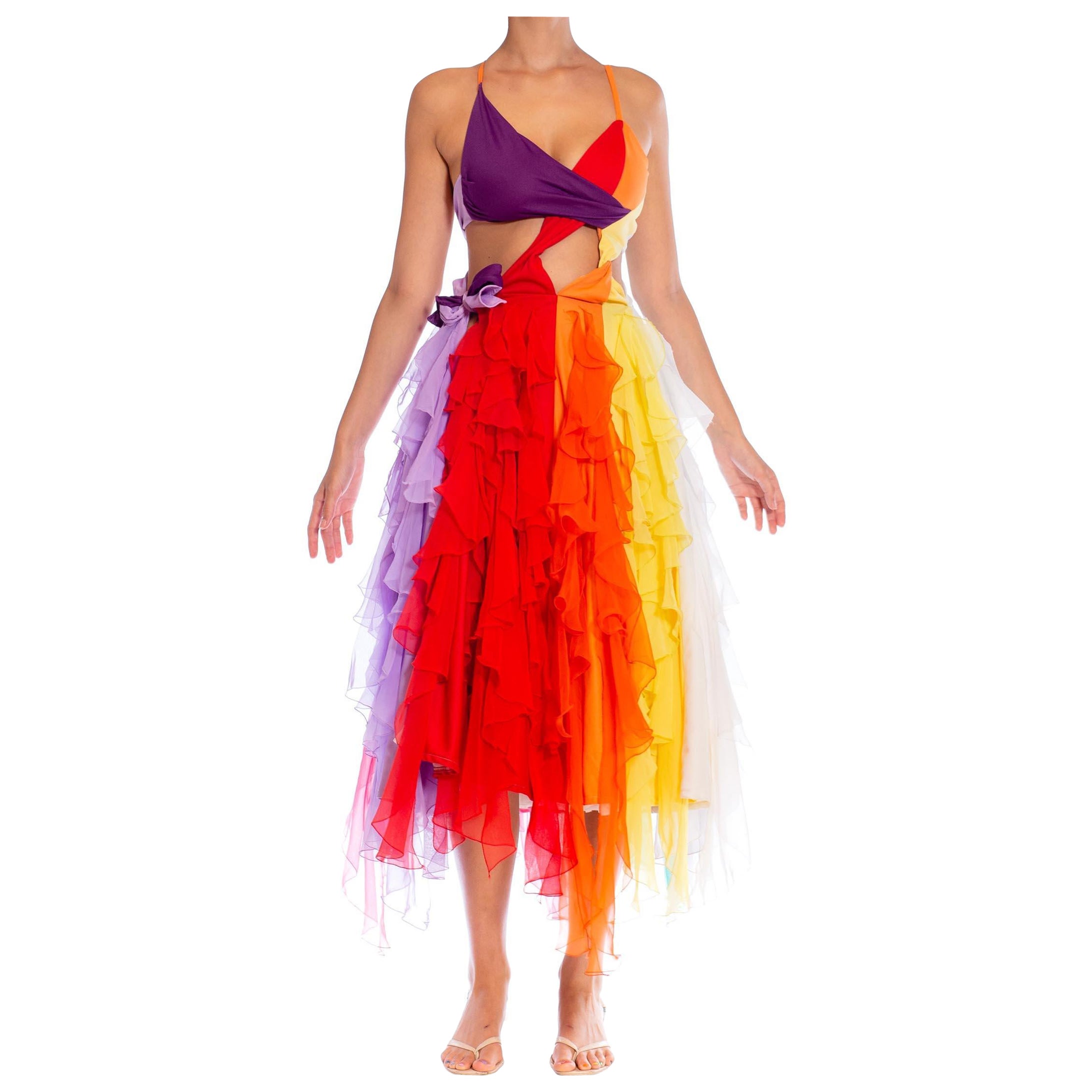 MORPHEW ATELIER Rainbow Polyester Stretch Sexy Cut Away Chiffon Ruffled Gown For Sale