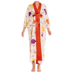 MORPHEW COLLECTION Cream Japanese Kimono Silk Hand Painted Floral Kaftan With B