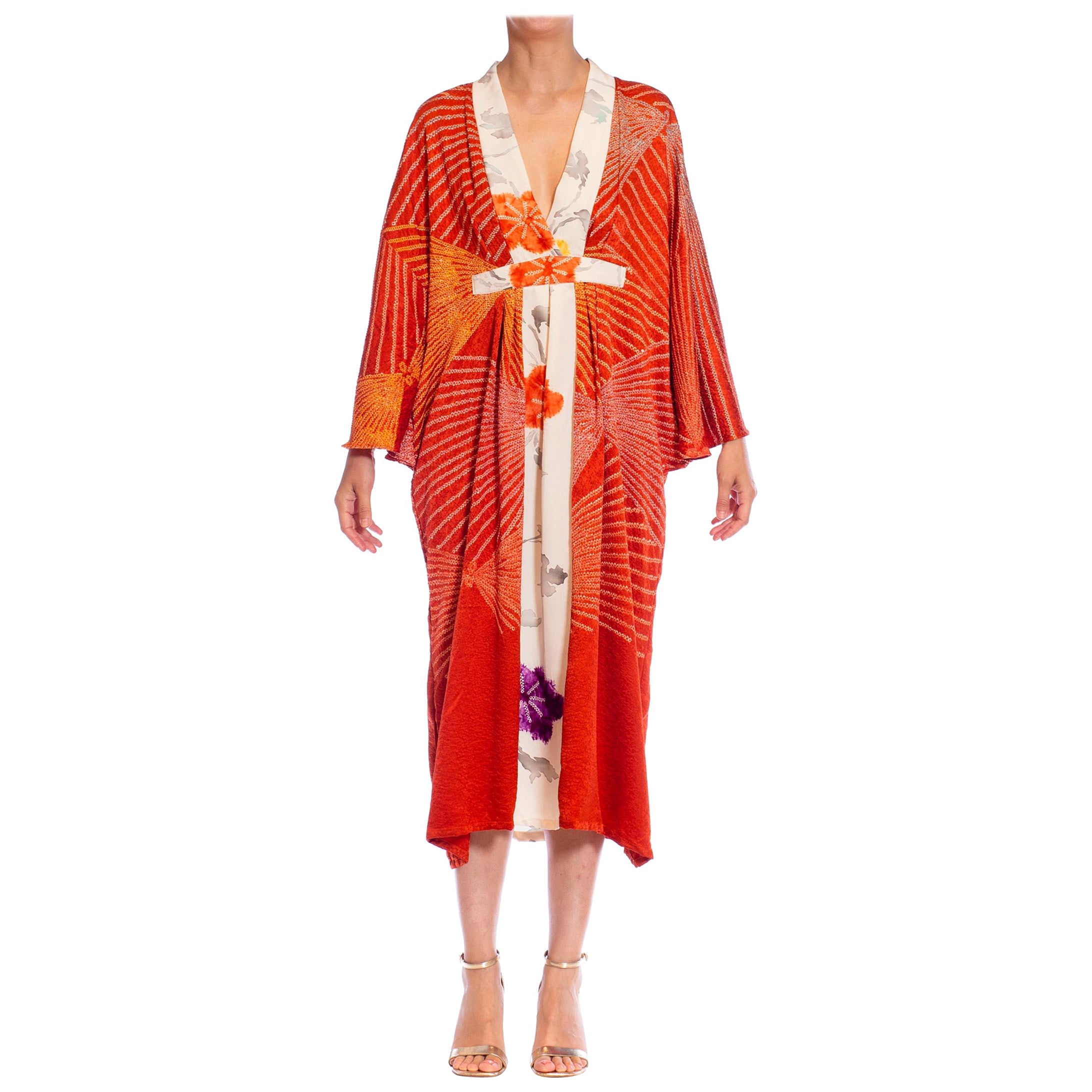 MORPHEW COLLECTION Red Shibori Japanese Kimono Silk Body Kaftan Hand Painted Cr For Sale