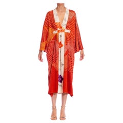 MORPHEW COLLECTION Red Shibori Japanese Kimono Silk Body Kaftan Hand Painted Cr