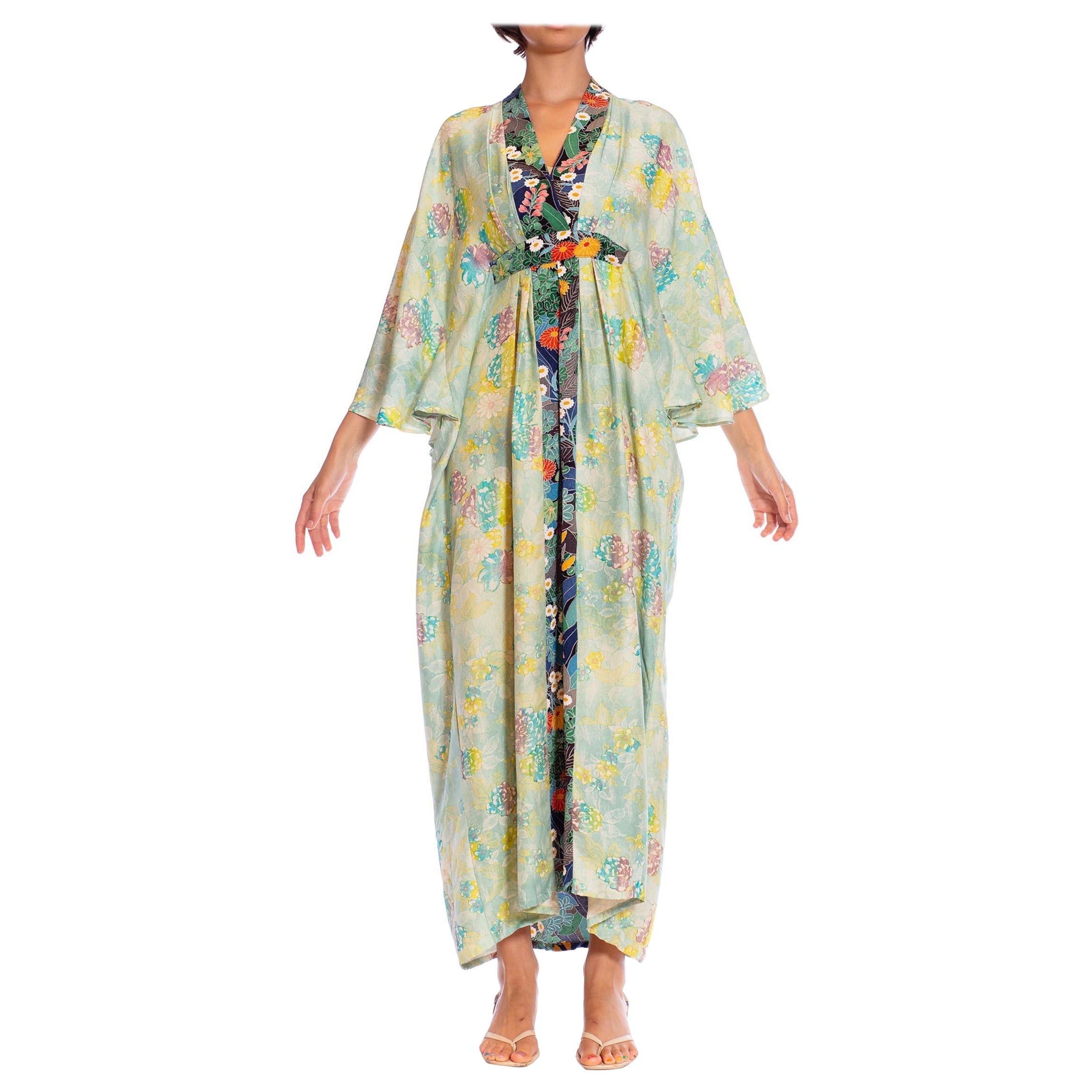 MORPHEW COLLECTION Teal Japanese Kimono Silk Floral Pattern Kaftan Dark Blue An For Sale