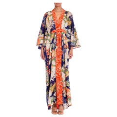 MORPHEW COLLECTION Azul Marino Kimono Japonés Seda Estampado Floral Kaftán Naranja