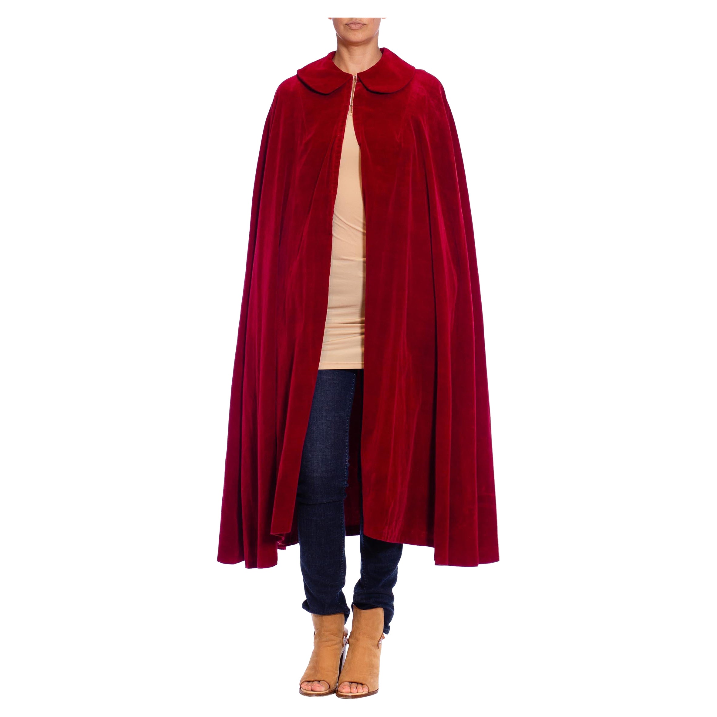 1950S Red Cotton Velvet Mid Length Cape For Sale