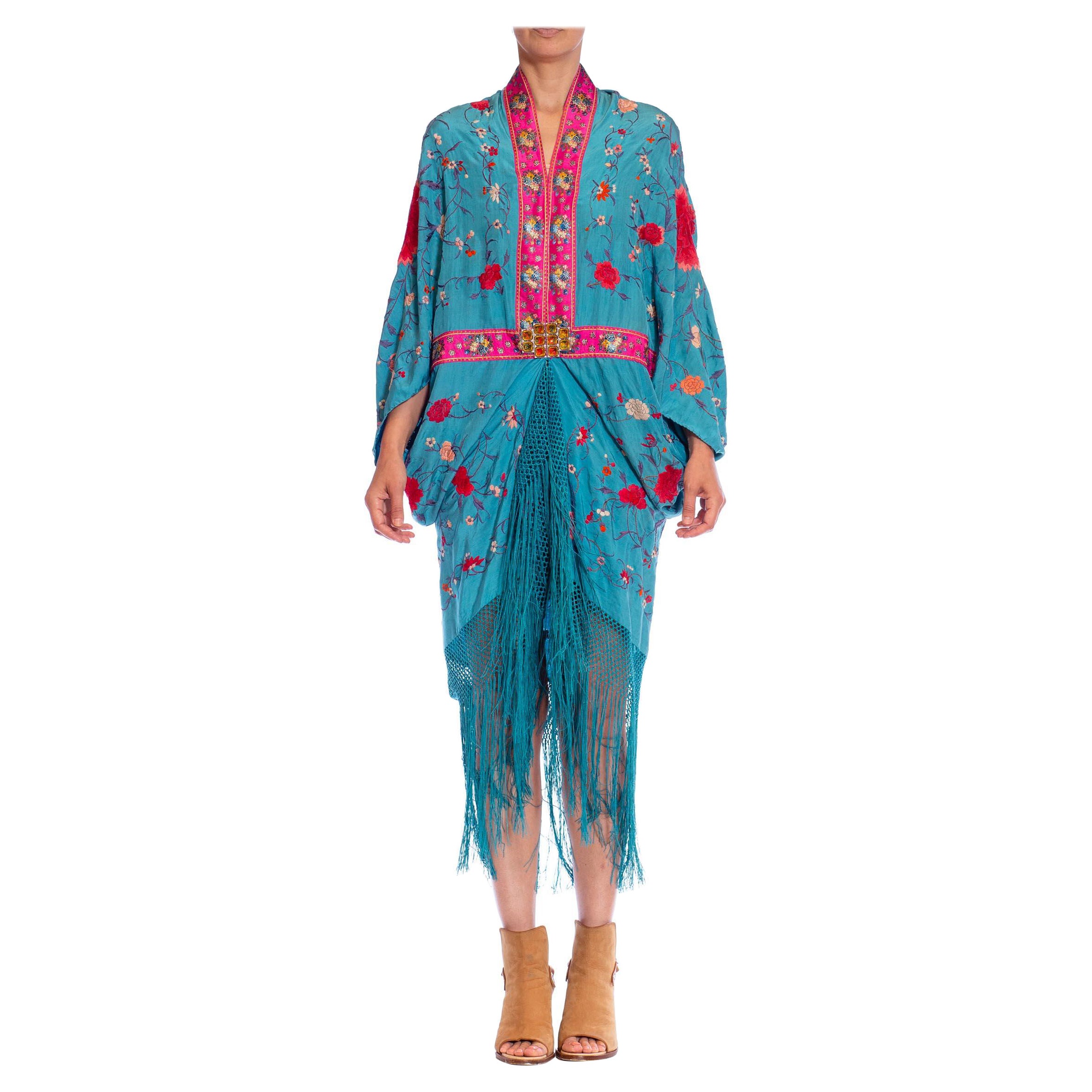 MORPHEW COLLECTION Aqua Blue & Pink Silk Embroidered Floral Cocoon With Fringe  For Sale