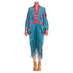 MORPHEW COLLECTION Aqua Blue & Pink Silk Embroidered Floral Cocoon With Fringe 