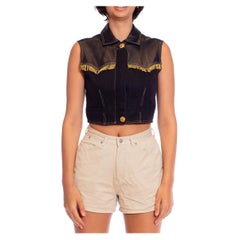 1990S VERSACE Black & Gold Cotton Leather Versus Brand Western Top With Fringe