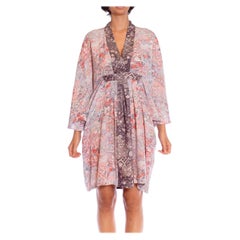 MORPHEW COLLECTION Pink Floral Print Japanese Kimono Silk Violet Detail Kaftan 