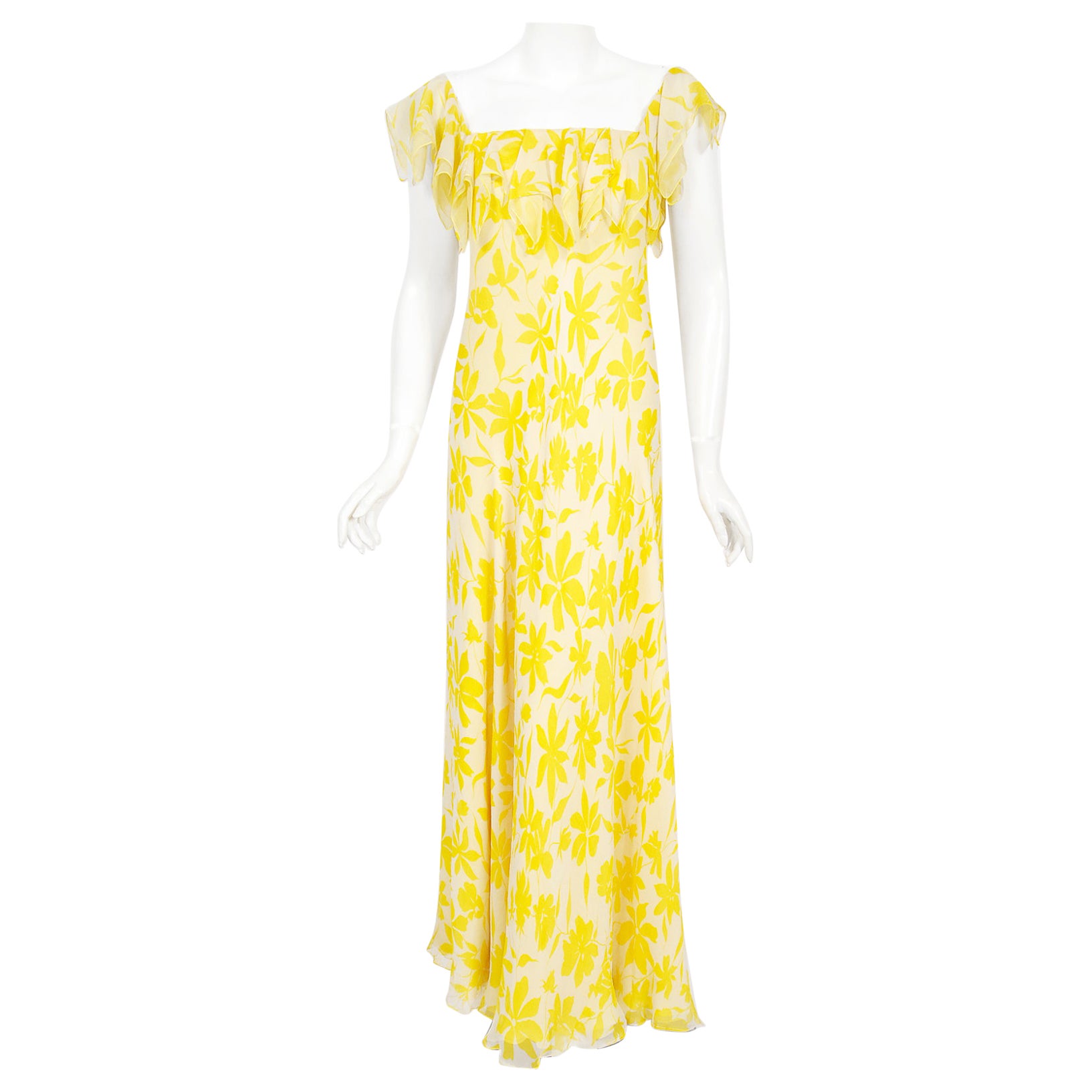 Vintage 1970's Stavropoulos Couture Yellow Floral Print Silk Chiffon Draped Gown