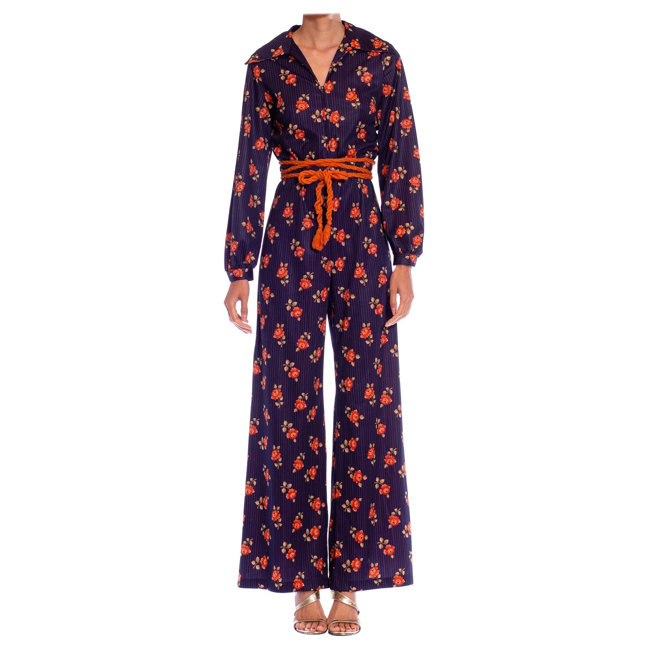 1970S Navy Blue and Orange Polyester Tricot Jersey Floral Pinstripe Jumpsuit
