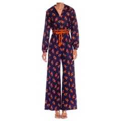 1970S Navy Blue & Orange Polyester Tricot Jersey Floral Pinstripe Jumpsuit
