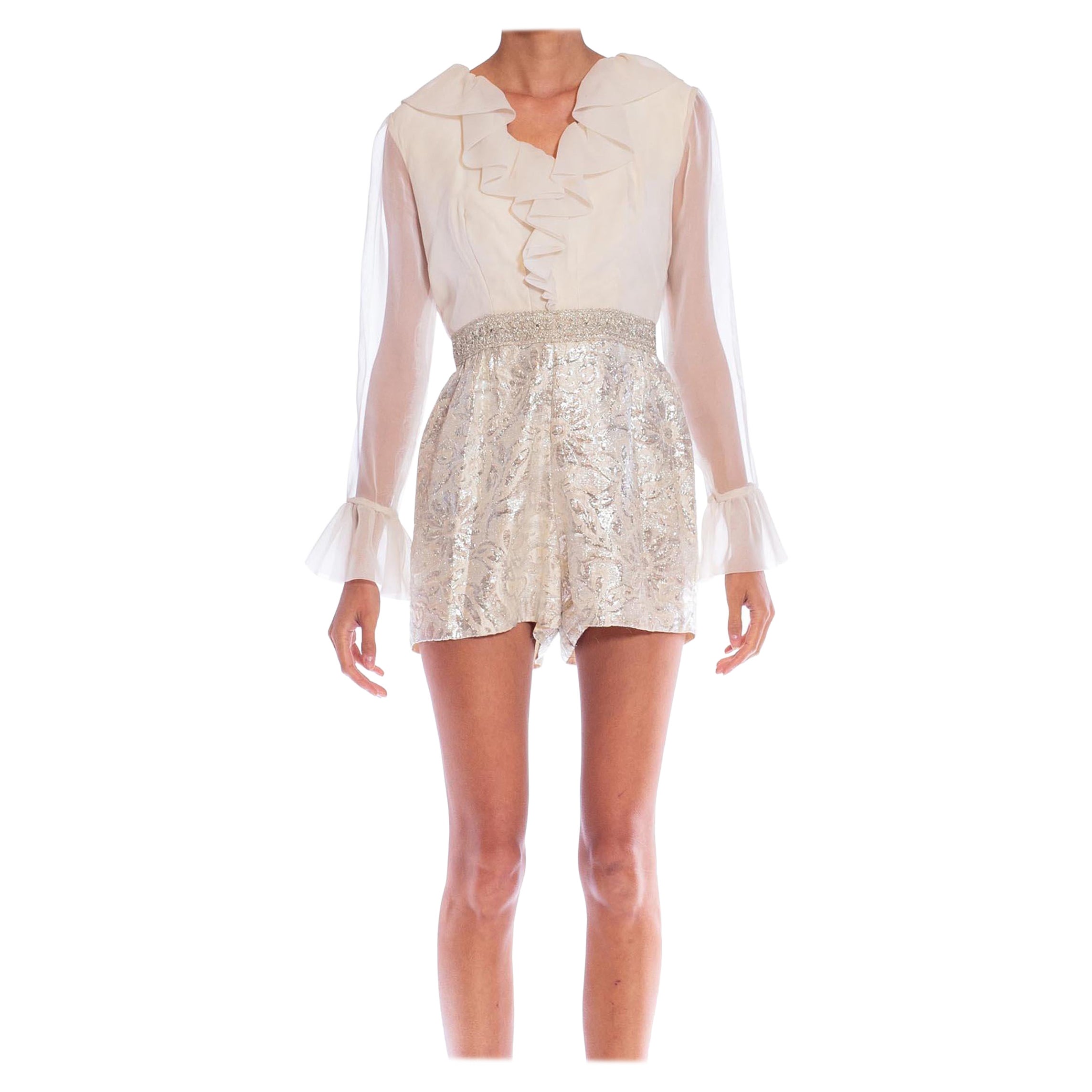 1960S White Poly Lurex Damask Romper With Ruffled Chiffon Top