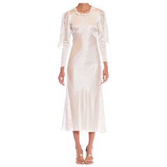1930S Cream Rayon Satin & Chantilly Lace Unique Sleeve Dress