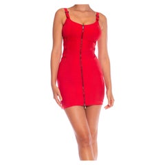 Retro 1990S VERSACE Red Sexy Utility Dress With Belt Buckle Details