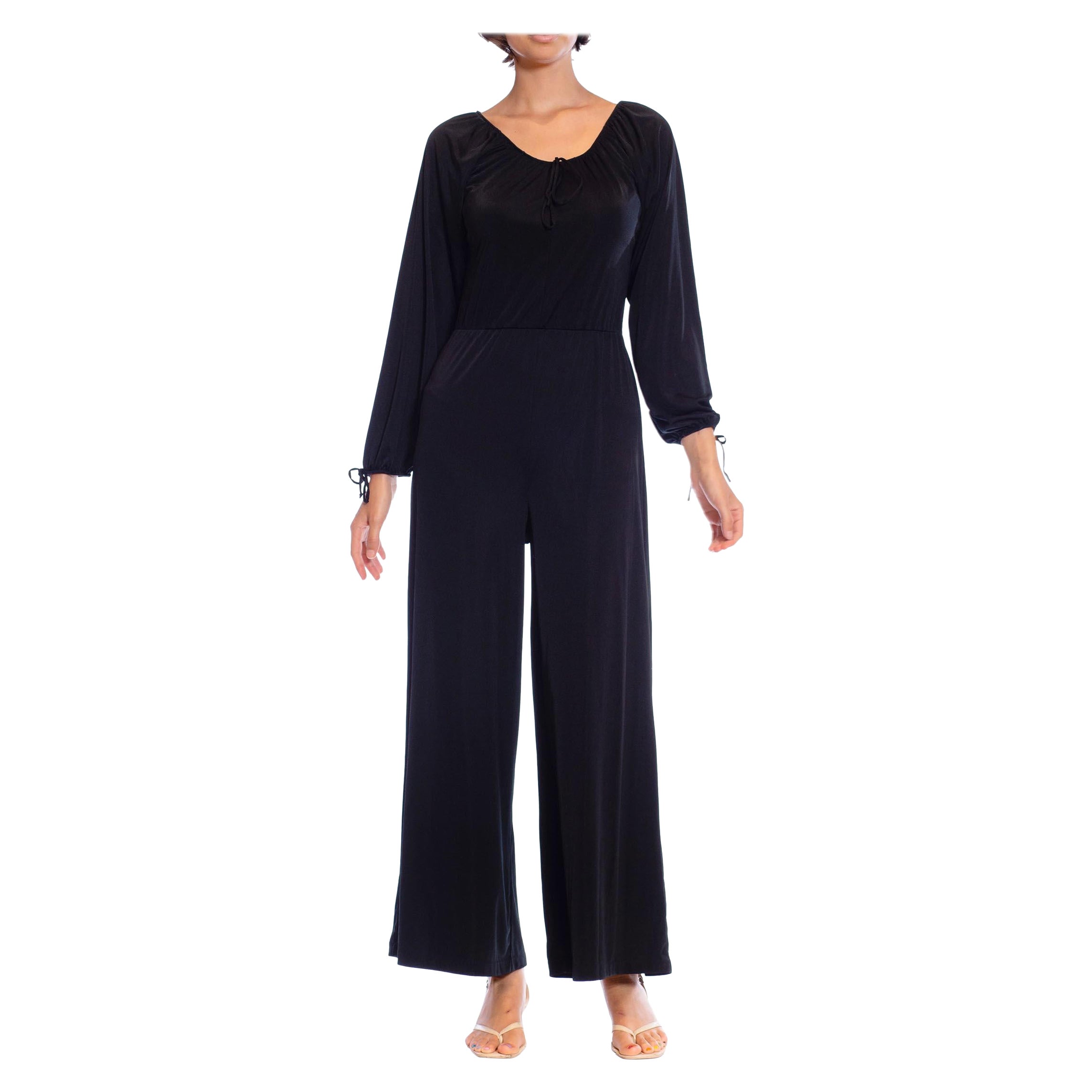 1970S Black Poly/Nylon Tricot Jersey Wide Legged Boho Jumpsuit For Sale