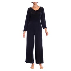 1970S Tuta boho a gamba larga in jersey tricot nero di poli/nylon