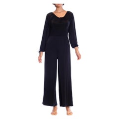 1970S Black Poly/Nylon Tricot Jersey Wide Legged Boho Jumpsuit