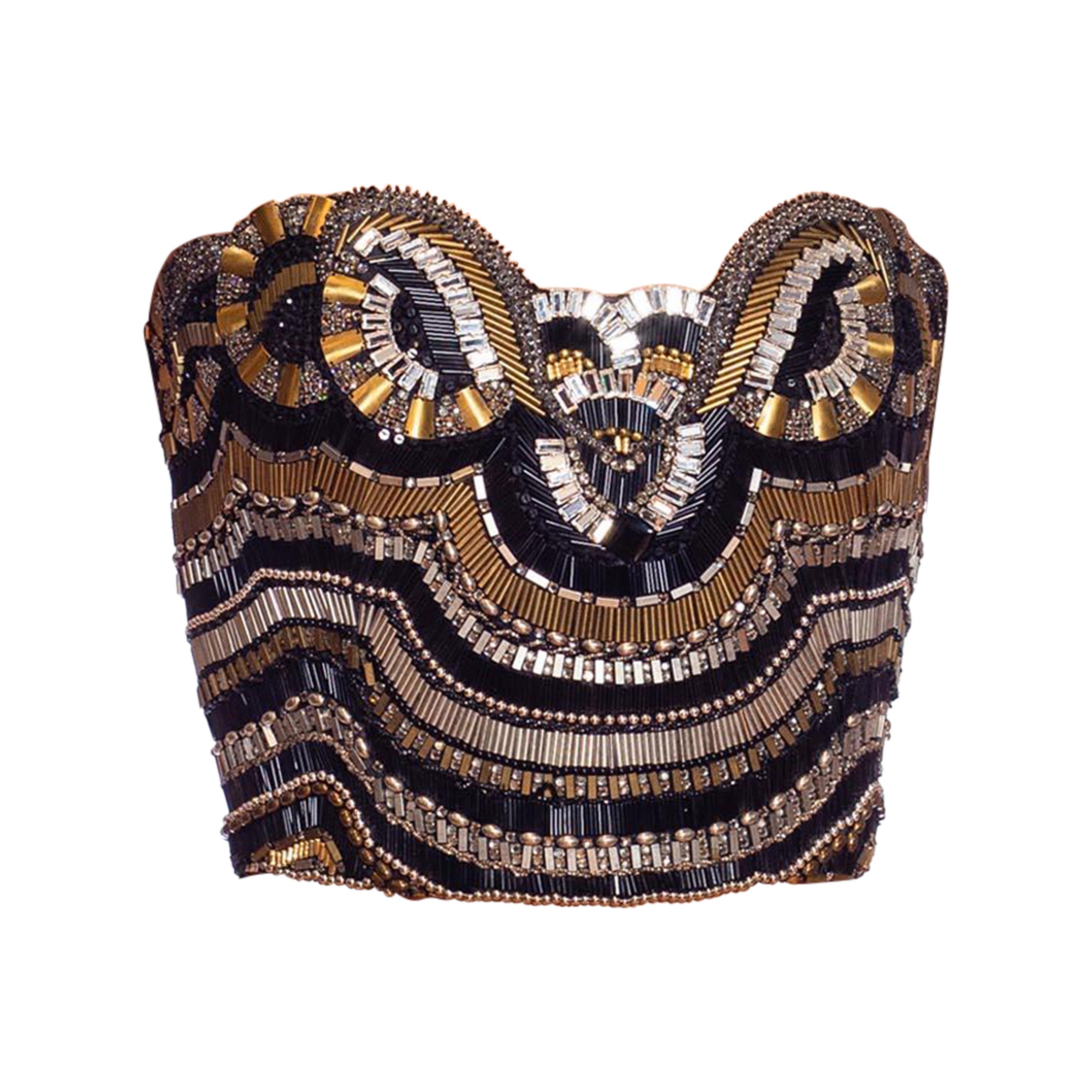 1990S GIANNI VERSACE Black, Silver & Gold Beaded Silk Strapless Bustier For Sale