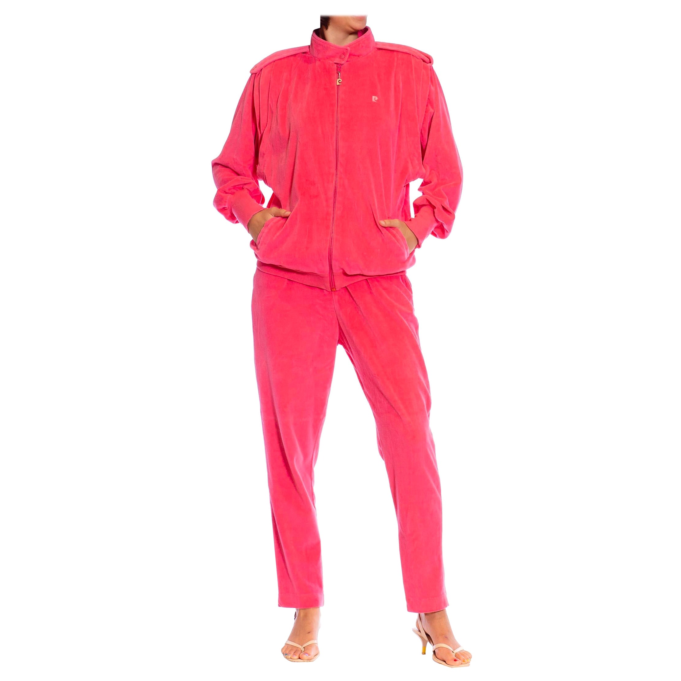 1980S PIERRE CARDIN Hot Pink Cotton Blend Velour Track Pant Suit For Sale